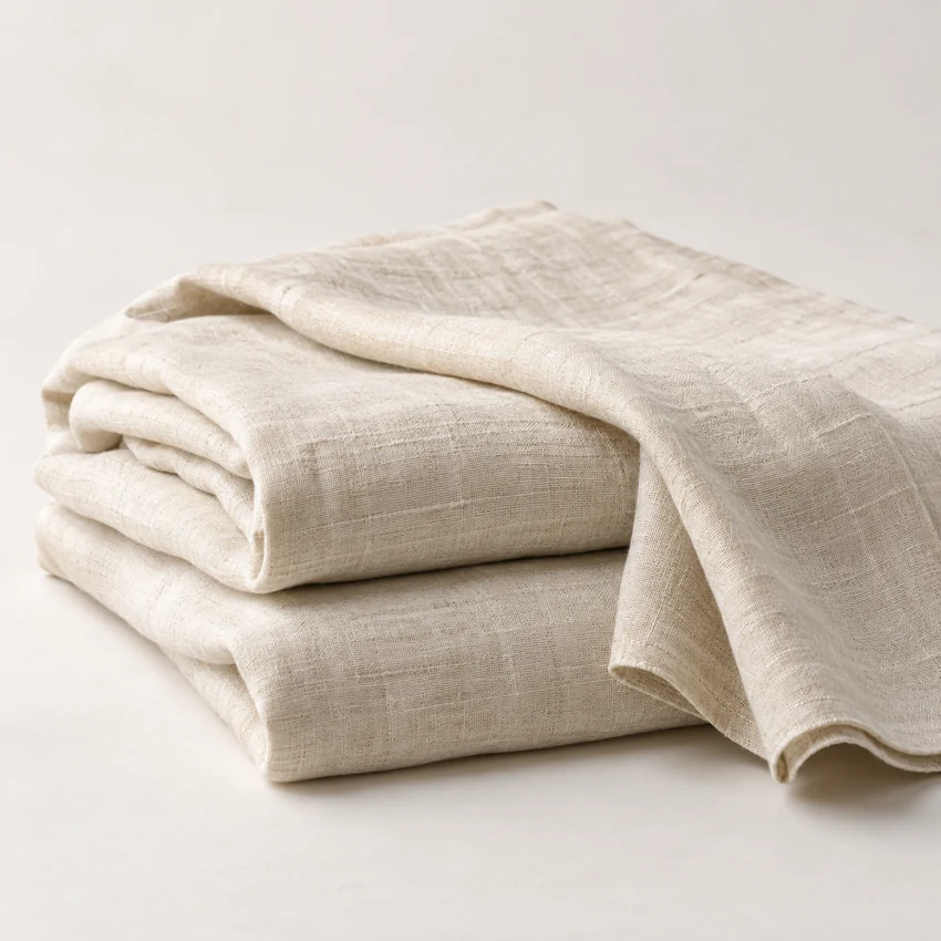 Ivory linen draped in soft folds, showing its natural woven texture